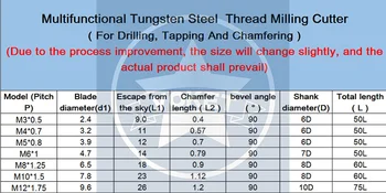 CNC Ultifunctional Tungsten din Oțel Thread Milling Cutter M3 M4 M5 M6 M8 M10 M12 mill, mills Pentru Foraj atingerea și șanfrenarea
