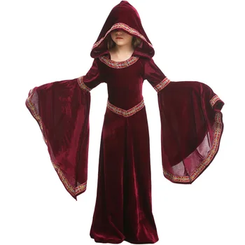 Costum de Halloween pentru Copil Fata Medieval Cosplay Vampir, Vrăjitoare Rochie de Evul mediu Petrecere de Carnaval Performanță de Lungă Pânză Visiniu