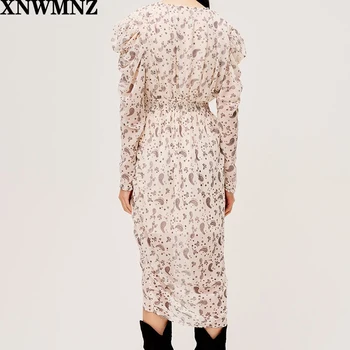 XNWMNZ Za femei Aerisit paisley imprimare șifon rochie midi Femei Faux wrap fusta drapată picătură de umăr mâneci drapat Smocked talie