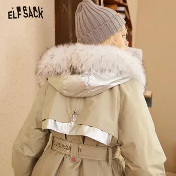 ELFSACK Kaki Solid Pur Supradimensionat cu Gluga 90% Alb Jos Haina Femei,2020 Guler de Blană de Iarna coreean Doamnelor de zi cu Zi Caldă Uza