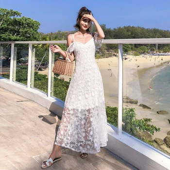 Femei Dantelă Albă Fara Spate Curele Maxi Rochie Zână Petrecere De Vacanță De Vară Lungă Rochie De Plaja Vintage Elegant Coreean Pista Vestido