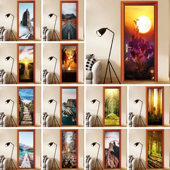 PVC autoadeziva 3D Ușa de Fundal Natura Peisaj de Pădure Verde Fotografie pictura Murala de Perete Ușa Autocolant Living Home Decor Autocolant