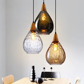 Nordic creative sticlă lampă de pandantiv dia 16 20cm chihlimbar gri clar formă de picătură de Apă de sticlă lemn lampă de agățat pentru restaurant