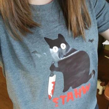 Pisica Neagra Ce Tricou Criminal Cat Cuțit Femei Amuzant Tricou Maneca Scurta De Halloween Topuri Teuri Femme Camisetas Verano Mujer 2020