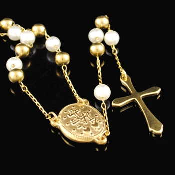 De aur&Alb Lung Colier Rozariu Noua Moda 6mm Margele Pandantiv Cruce Pentru Barbati Femei din Oțel Inoxidabil Catolică Bijuterii HN092