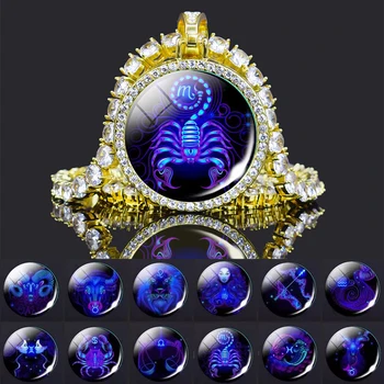 Maxi Cristal 12 Constelație Zodiac Semn Colier Femei Cadou Boho Lanțuri Lungi De Culoare De Aur De Metal Sticlă Clară Cabochon Bijuterii