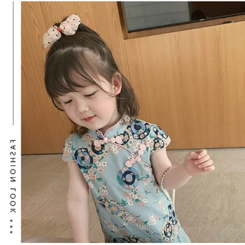Verde Cheongsam Vârsta De 2 - 8 Ani Fete Pentru Copii 2021 Nou Chinezesc Ani Qipao 2021 Noi De Vara Copii Rochie De Epocă Rochii Copii