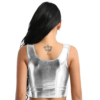 Mai nou Moda de sex Feminin Femei Fete Metalic Strălucitor Scoop Gât Rezervor de Top de Cultură Vesta Bustiera Bluza Tricou pentru Clubwear Vesta Parte Topuri