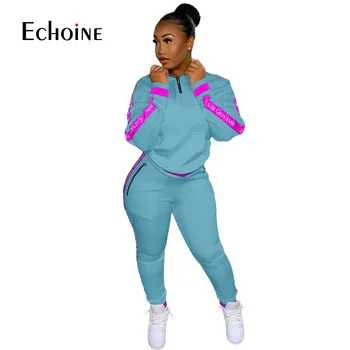 Echoine Femei Sportwear Scrisoare de imprimare Despicare de Buzunar Set cu Fermoar, Hanorace Pantaloni Set Trening Două Bucata Costum de Active Trening