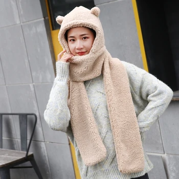 Femei Iarna Cald De Pluș Dintr-O Bucata Pălărie Eșarfă Urechi Urs Termice Cu Gluga Earflap Cap