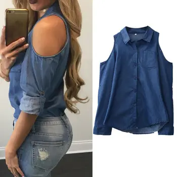 Casual Vintage Retro Moda pentru Femei Sexy cu Maneci Lungi Umăr Rece Butonul de Blugi Tricou Imitație denim Bluza Topuri