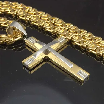 Moda Barbati Baieti ton de Aur/argint din Oțel Inoxidabil Colier Pandantiv Cruce cu 24inch Bizantin Cutie de Link-ul Lanț Colier