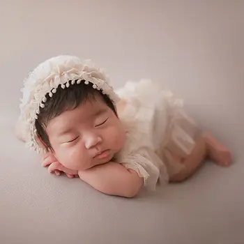 2 buc Nou-născut Recuzită Fotografie Costum Lace Romper Pălărie Tricot Set Haine Îmbrăcăminte P31B