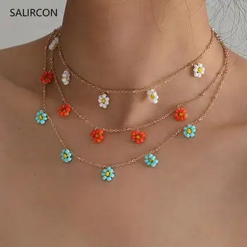 Salircon corean Daisy Flori Cravată Colier pentru Femei Boho Acrilice Clavicula Lanț Scurt Coliere Bijuterii de Moda Tendință 2020