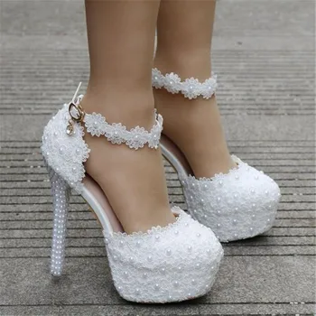14cm alb dantelă pantofi de nunta pentru Femei cu cap rotund pantofi platforma de mari dimensiuni 40 41 pantofi cu toc inalt, pantofi de mireasa margele de flori pompa