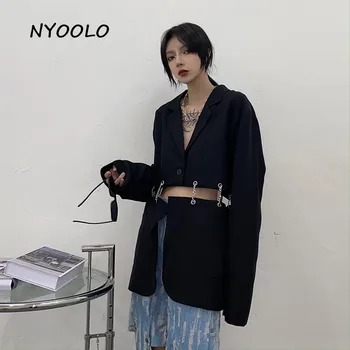 NYOOLO Noutate design lanț de fier mozaic fals 2 piese maneca lunga blazer jacheta femei Harajuku strada Singur Buton de îmbrăcăminte exterioară