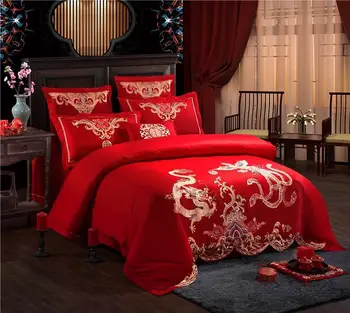 De lux Bumbac dragon și Phoenix Nunta Set de Pat Brodat Carpetă Acopere Foaie de Pat fețe de Pernă Regina King Size 4/6/7pcs