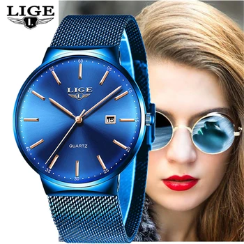 LIGE Femei Ceasuri de Top de Brand de lux Analog Cuarț Ceas Femei Full Albastru ochiurilor de Plasă din Oțel Inoxidabil Data Ceas de Moda Ultra-subțire de Apelare