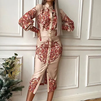 2021 nou hot-vânzare rochie de femei de moda de imprimare pieptul singur stand de guler maneca lunga rochie