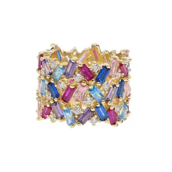 Multicolor piatra curcubeu inel bagheta cz eternitate trupa zirconia eleganta de moda de lux de culoare de aur declarație de bijuterii pentru femei