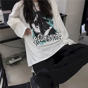 2021 Vara Grafic Nou Teuri Casual Top Vrac Maneca Lunga coreea Punk Bluze Camasi pentru Femei Supradimensionat Tricou Goth Topuri