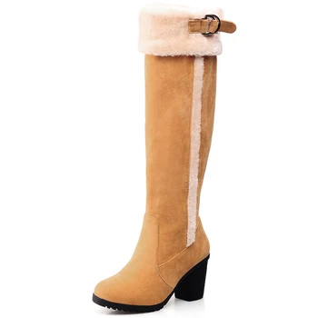 Pantofi De Înaltă Calitate Femei Fierbinte De Vânzare Plus Dimensiune 34-43 Pătrat Tocuri Groase Catarama Bretele Genunchi Ridicat Cizme Toamna Iarna Încălțăminte