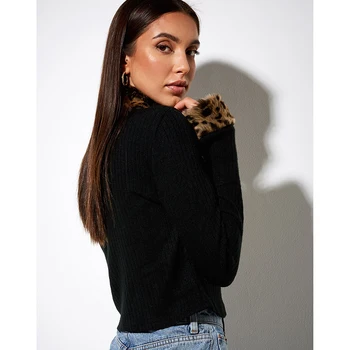 Geaca de femei strânse leopard de imprimare de moda de culoare solidă gât rotund maneca lunga T-shirt femei 2020 toamna anului nou блузка damenblusen