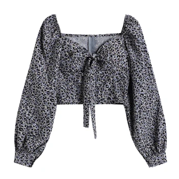 Plaja De Cultură Bluza Pentru Femei De Moda Pătrat Guler Maneca Lunga Bownot Tricou Femei Leopard Coreea Retro Chic Strada Blusas Topuri
