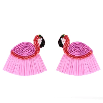 Boem Perle Picătură Cercei Pentru Femeile de culoare Roz Rafie Agățat Cercei Flamingo Ciucure Handmade cu Margele Boho Bijuterii oorbellen erst41