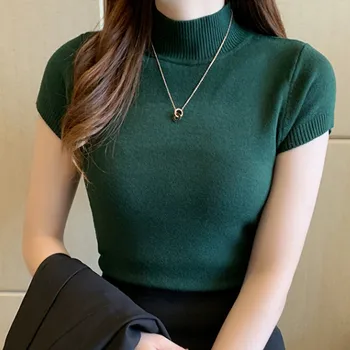 Coreea Style Femei Nou Topuri Tricotate Moda Casual de Vara de Înaltă Guler Culoare Solidă Maneca Scurta tricou Topuri Femei Tricou#45