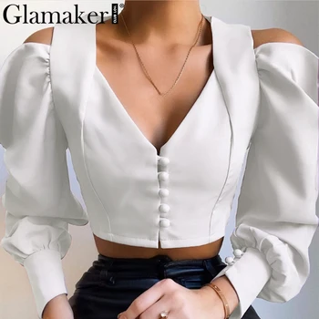 Glamaker umăr Rece v gât alb bluza camasa femei maneca lunga crop top de sex feminin tricou sexy doamnelor moda bluze elegante, bluza