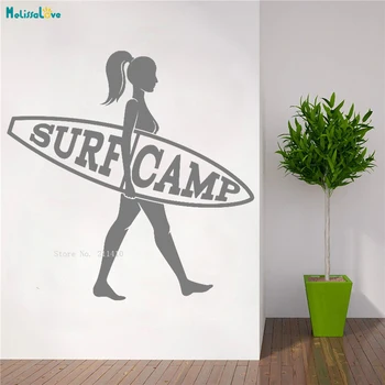 Fete Surf Camp Decalcomanii de Perete Sexy Femeie de Mare Curajos Sport Decor Acasă de Artă Autocolant placă de Surf Valuri de Vinil picturi Murale YT4378