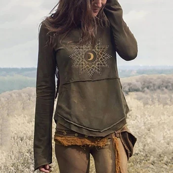 Umeko Toamnă Iarnă Stil Tribal Doamna cu mâneci Lungi T-shirt Neregulate Tiv Luna de Top Model Casual pentru Femei de Toate-meci Camping