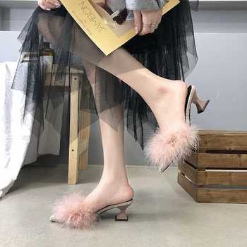2020 nouă femei set deget de la picior în formă de non-alunecare tocuri înalte de moda de cauciuc de jos stofa elastica vara superficial pantofi blană