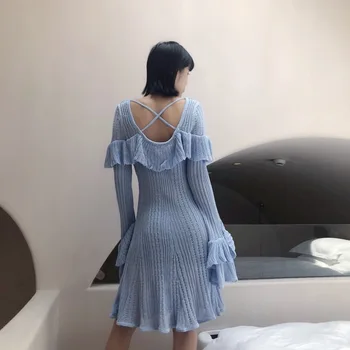 Kpop-coreean Celebritate toamna noua moda Ars cu Mâneci Lungi Albastru Subțire Tricot Rochie de femei coreene sexy backless genunchi lungime rochii