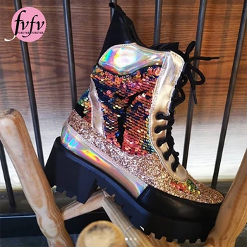 [fvfv] Punk Pantofi Platforma, Cizme de Primăvară Dimensiuni Mari noi Nituri Femei Glezna Cizme din Piele Indesata Toc Doamnelor Dantelă Sus Goth