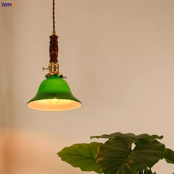 IWHD Verde Nordică Sticla Pandantiv Lumini de Corpuri de iluminat Stil Japonez Dormitor, Camera de zi din Lemn Vintage Cupru Lampă Agățat de Lumină LED-uri