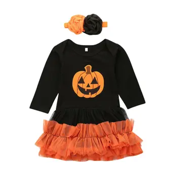 PUDCOCO fetițe Costum de Halloween Dovleac Romper Rochie Fancy Tinuta articole pentru acoperirea capului Set 0-18M