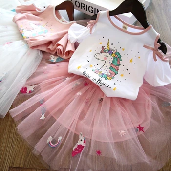 LILIGIRL Nou pentru Copii Fete Rochii Seturi de Haine Primavara Vara Scurte Unicorn Desene animate de Imprimare T-shirt +Rochie de Moda 2 buc Îmbrăcăminte Costum