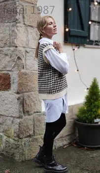 Casual V Gât Houndstooth Vesta Pulover Femei Fără Mâneci Largi Tricotate, Topuri Rezervor Coreea Stil Preppy Pulover De Toamna