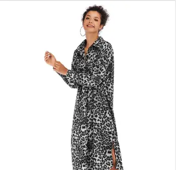 Europene și Americane de Moda Doamnelor Stil Bluză Lungă Cu Mâneci Lungi Leopard de Imprimare Rândul său, în Jos Guler Femei Rochie de Primăvară M-XL