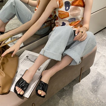 Magarii Femei Papuc De Vară 2020 Square Toe Cu Toc Doamnelor Sandale Din Piele Mujer De Înaltă Calitate Flip Flop Dress Pantofi Diapozitive