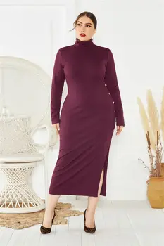 FNOCE 2020 iarna noi rochii pentru femei de mari dimensiuni solidă maneca lunga Guler cu fermoar strâns stretch slim elegant rochie de la Jumătatea Vițel