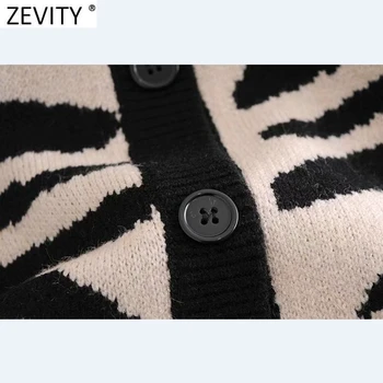 Zevity Femei 2020 Vintage Maneca Lunga Volane Casual Scurte Pulover Tricotate Femela Zebra Cu Dungi Șic Uza Cardigane Topuri S529