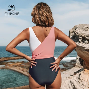 CUPSHE V-gât Lace Up dintr-O Bucata costum de Baie Sexy, de culoare Roz Alb-Negre Femei Monokini 2021 Noi Fetele Plaja Costume de Baie Costume de baie