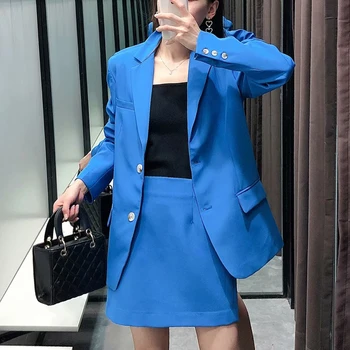 Birou Doamnă Fusta Costume Femei Elegante Blue Blazer Sacou +Fusta Mini Set De Două Piese