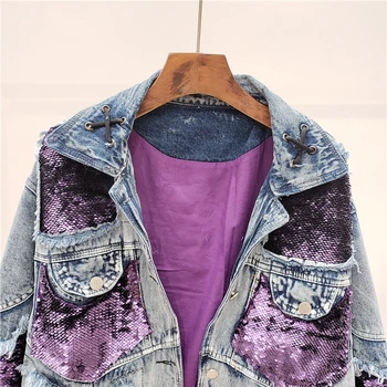 [EWQ] 2020 Primavara Toamna Rever Maneca Lunga Lovit Culori Sequin Patchwork Singur Pieptul Streetwear Jacheta Denim pentru Femei Haina 3AK072