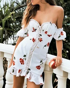Femei Rochie De Vară 2020 Dantelă-Up Strapless De Pe Umăr Rochie Sexy Cu Maneci Scurte Vacanță Floral Print Ruffle Rochie De Plaja Alba