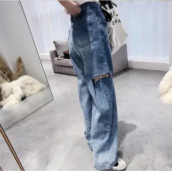 2020 Primăvară Streetwear Gaură blugi femei cu Talie Înaltă casual Vintage vrac se Potrivesc denim Pantaloni Pantaloni Complete r530