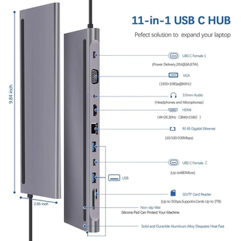 11 In1 HUB Adaptor USB de C HUB de Tip C USB 3.0-C HDMI 4K SD/TF Card Reader PD Încărcare Adaptor Ethernet